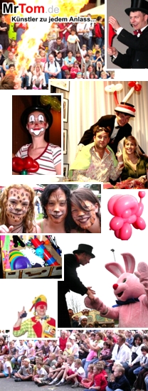 Knstler & Agentur MrTom  Clowns, Zauberer, Ballonfiguren, Stelzenlaeufer, Bauchredner, Walking-Acts, Animation, Promotion